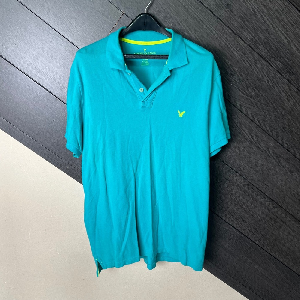 American Eagle Outfitters Men's Short Sleeve Polo Shirt XL Teal Logo Casual